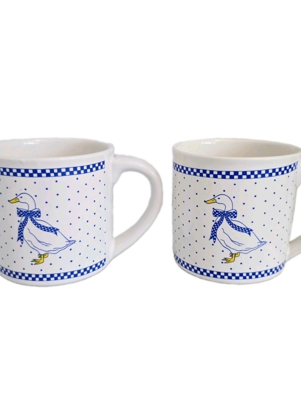 Vtg Goose Coffee Cups Blue White Ribbon 80s Checkered Granny Country